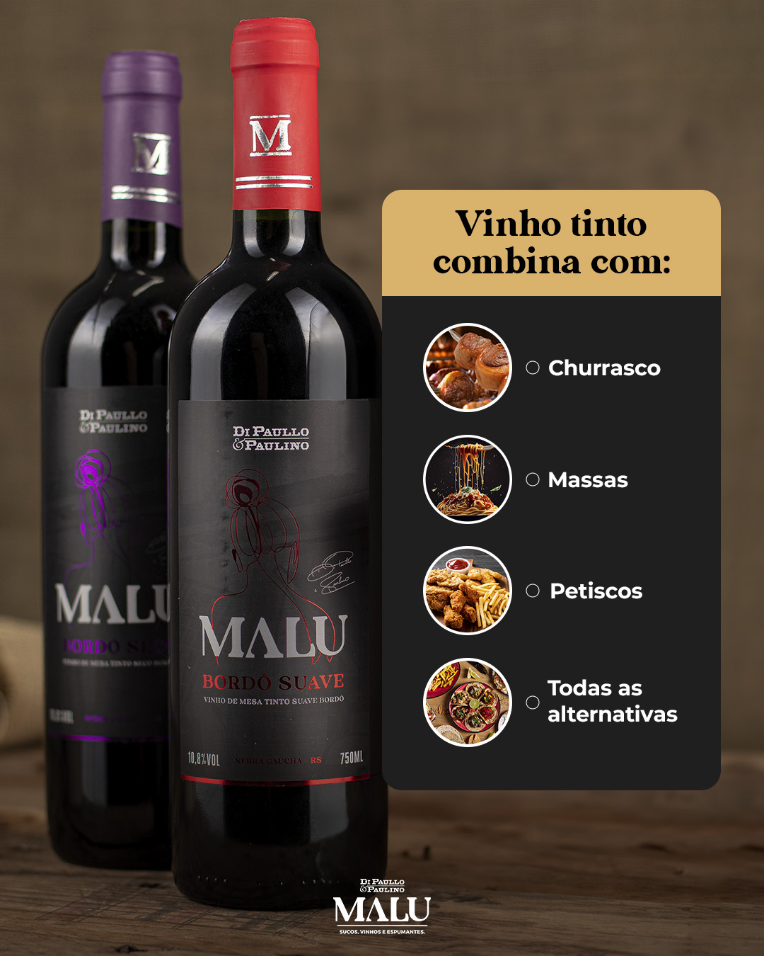 Publicação da Malu Vinhos: com o que o vinho tinto Malu combina